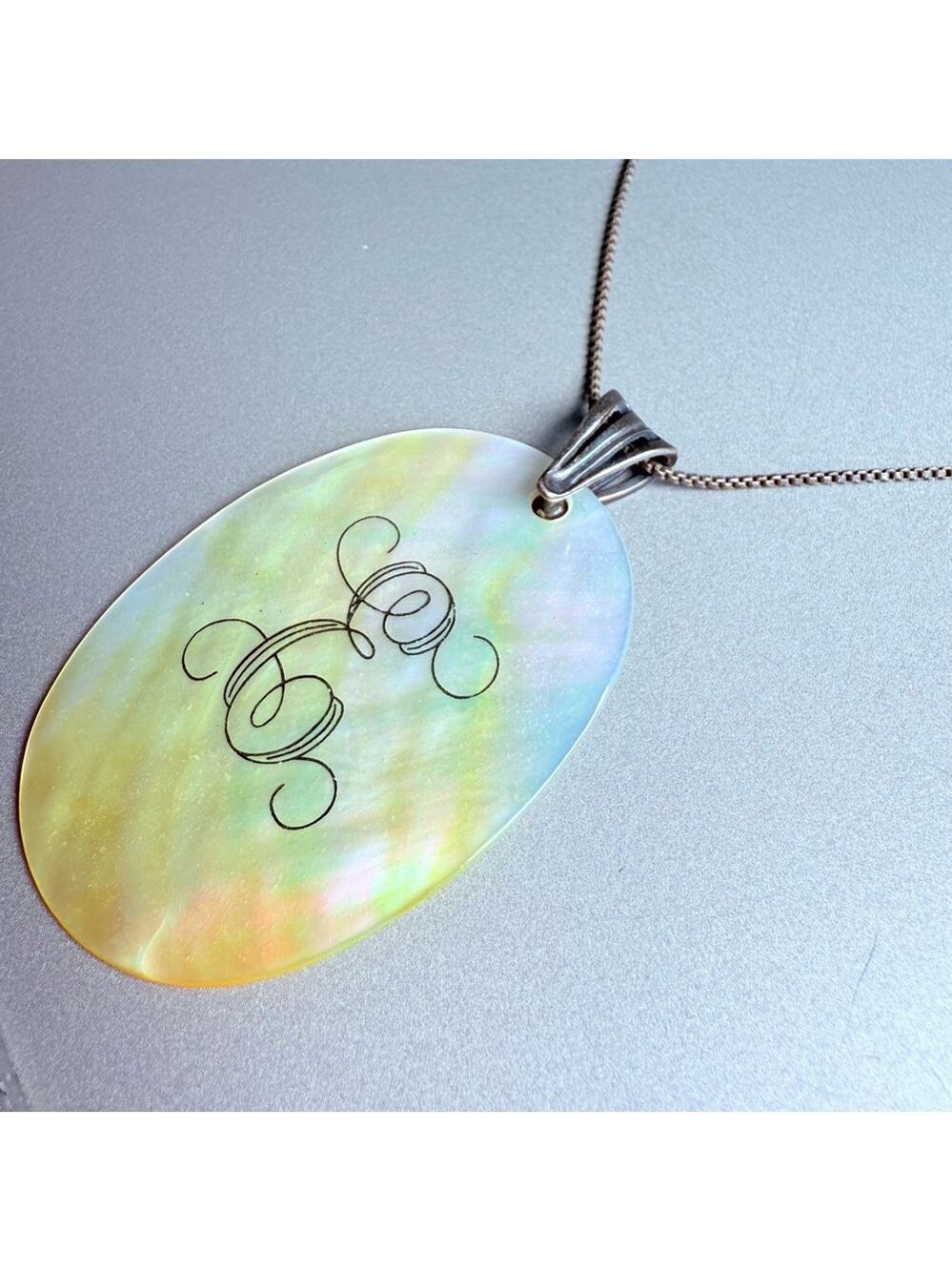 MOP Shell Pendant Initial E Letter Monogram Sterling Silver BIG Pendant Necklace - Picture 5 of 6